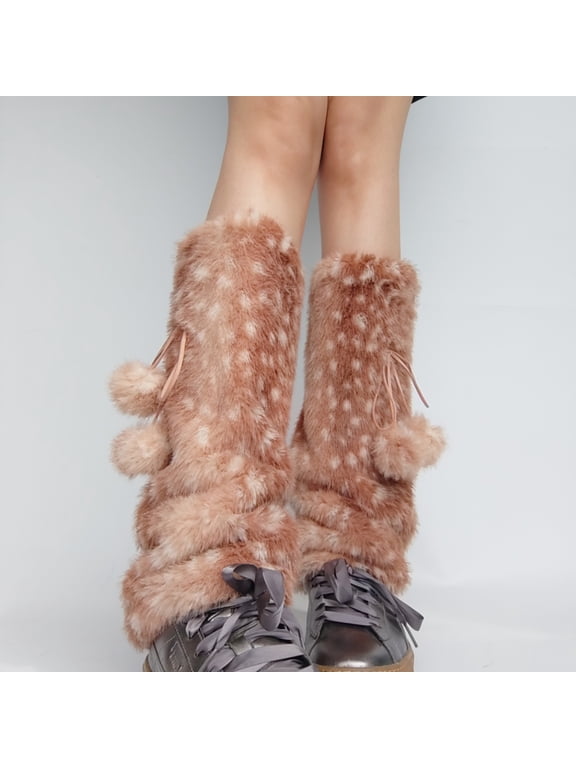 Deer Print Leg Warmers Women Faux Fur Fuzzy Calf Warmers with Pompoms Fluffy Boot Cuffs Cover for Sneakers Girls Winter Street Wear