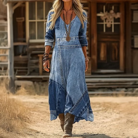 Joernso Denim Print Maxi Dress for Women, Casual Long Sleeve V Neck Long Dress, Summer Loose A-line Flowy Vacation Dress