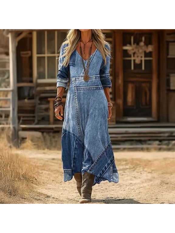 Denim Print Maxi Dress for Women, Casual Long Sleeve V Neck Long Dress, Summer Loose A-line Flowy Vacation Dress
