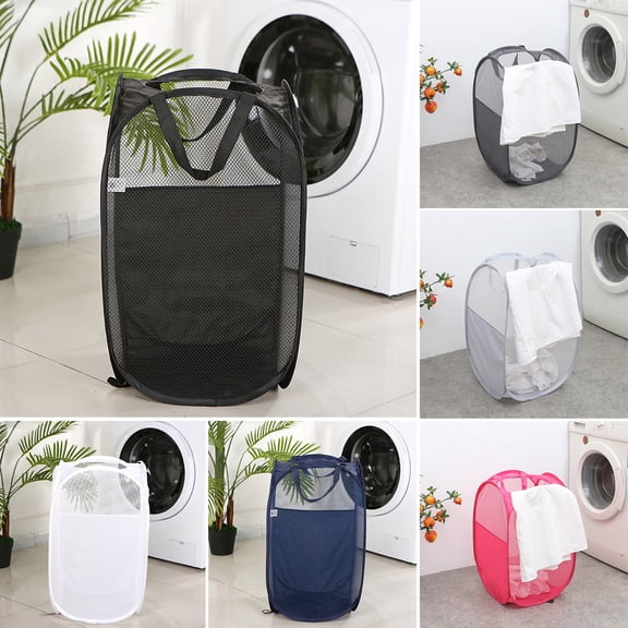 Joernso Dirty Clothes Storage Basket Foldable Large Capacity Hollow Out Mesh See-through Breathable Wide Opening Great Load Bearing Straps Toys Dolls Storage Basket Laundry Basket