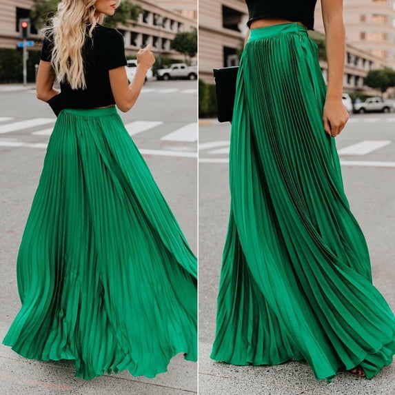 Joernso Elastic High Waist Pleated Skirt Women Solid Color Large Hem A-Line Long Skirt Work Leisure Skirt Streetwear