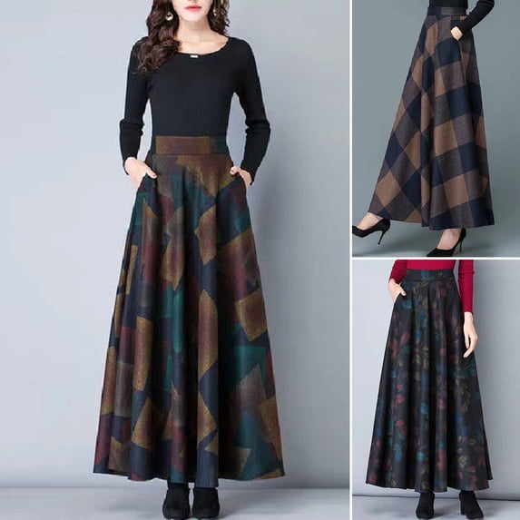 Joernso Elastic Waist Side Pockets Large Hem Plus Size Retro Skirt Autumn Winter Plaid Print High Waist A-Line Maxi Skirt Female Clothing