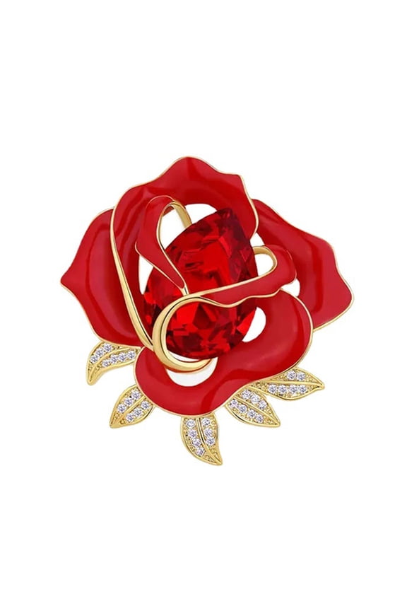 Elegant Red Rose Flower Shape Brooch Shining Rhinestones Inlaid Pin Evening Gown Dress Badge Coat Party Accessories