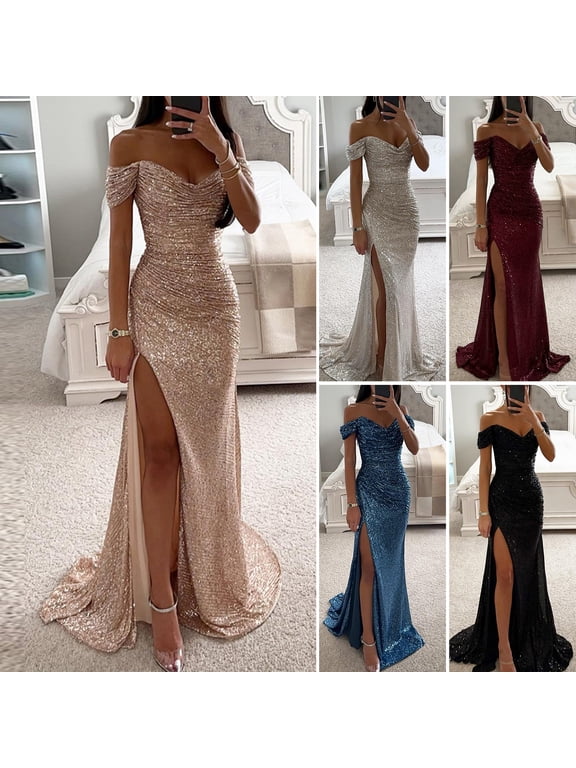 Elegant V-Neck Off Shoulder Maxi Dress Sequin Pleated Short Sleeve Waist Tight Evening Party Prom Dress Slim Split Long Dress