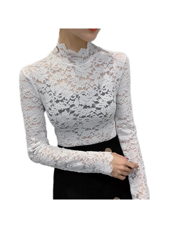 Elegant Women Turtle Neck Long Sleeve Floral Lace Blouse Top Slim Base T-shirt