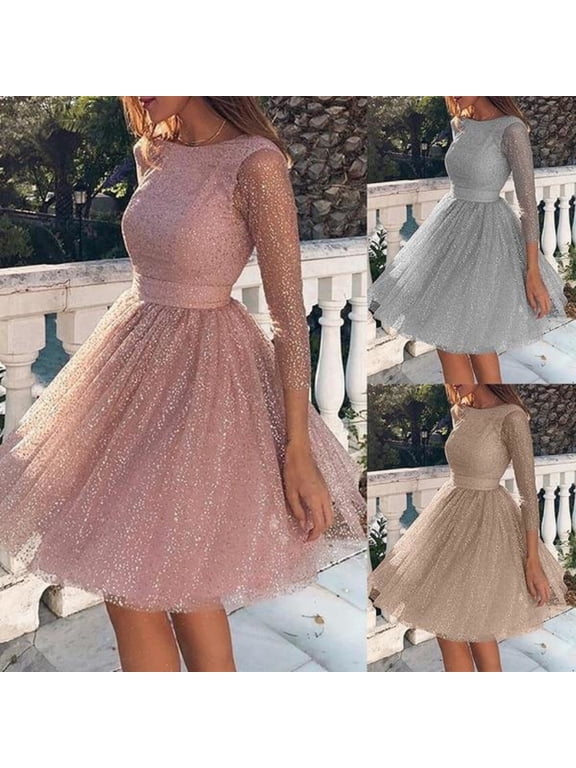Evening Party Women See-through Sequins 3/4 Sleeve Backless Dress Gown