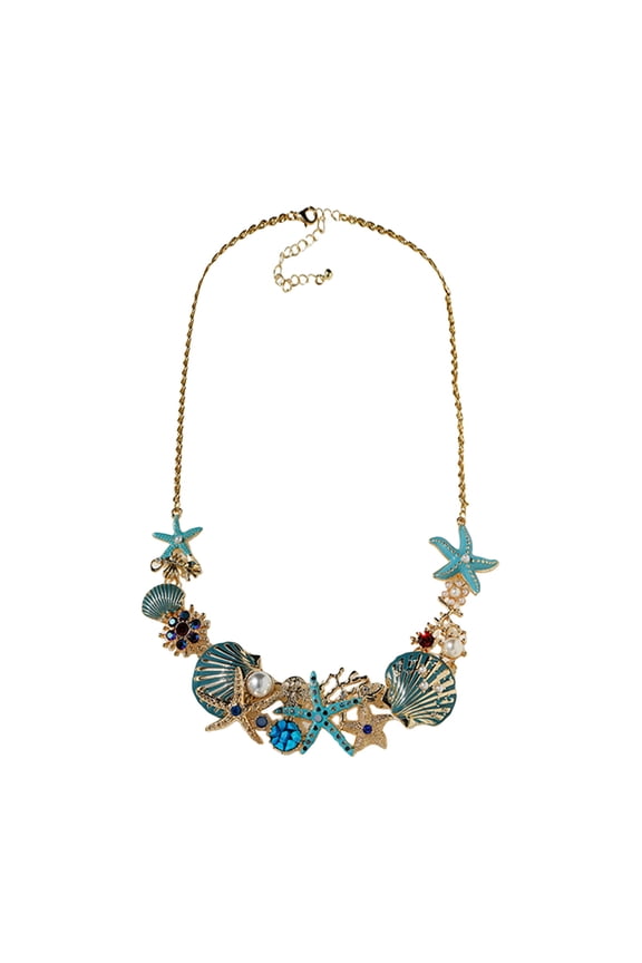 Exaggerated Women Necklace Ocean Theme Starfish Coral Shell Faux Pearl Rhinestone Decor Adjustable Length Lady Vacation Beach Neck Jewelry
