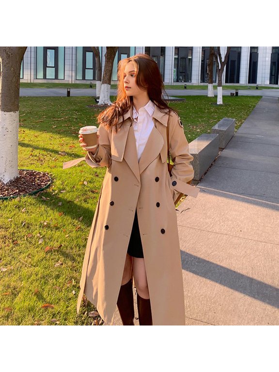 Fall Spring Women Jacket Oversized Turn-down Collar Double-breasted Overcoat with Belt Mid-calf Length Solid Color OL Commuting Coat