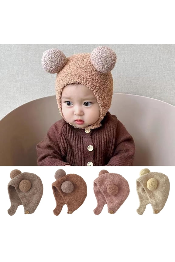 Fall Winter Children Hat Knitted Cartoon Ear Decor Thick Soft Elastic Button Closure Unisex Anti slip Lightweight Warm Ear Infant Baby Cap Beanie