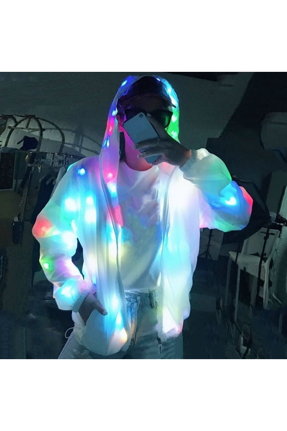 Fall Winter Glow Jacket Colorful Light Emitting Hooded Long Sleeve Pockets LED Luminous Costume Club Concert Dancing Party Coat
