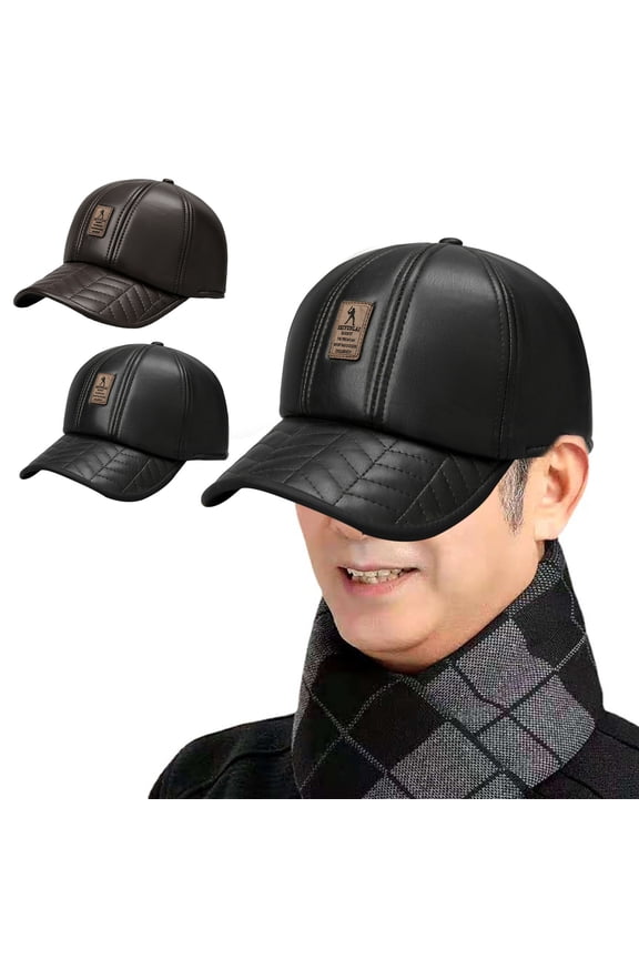 Fall Winter Peaked Hat Faux Leather Windproof Thickened Plush Solid Color Dome Soft Warm Long Brim Anti-slip Mid-aged Men Baseball Cap