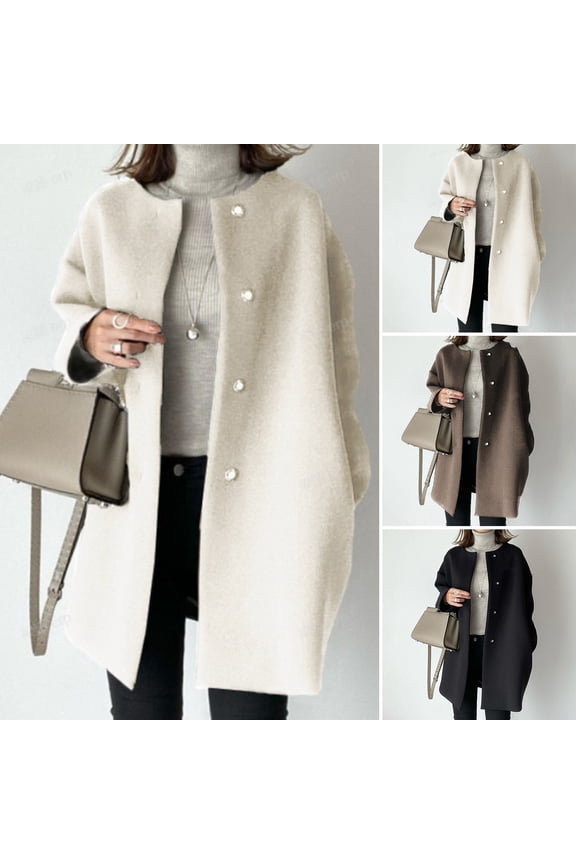 Fall Winter Women Jacket Button-down Round Neck Loose Long Sleeves Straight Woolen Coat Mid Length Pure Color Outerwear for Commuting Dating And Prom