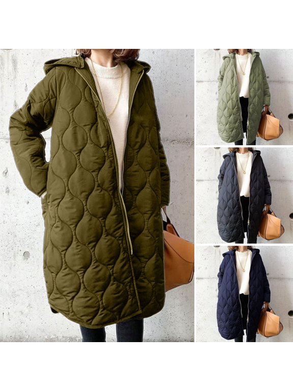 Fall Winter Women Jacket Hooded Zip-up Rhombus Texture Thin Padded Long Sleeves Mid Length Loose Work School Daily Coat