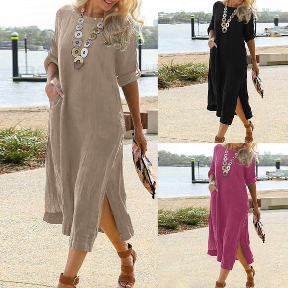 Joernso Fashion Dress O Neck Lightweight All-match Slit Hem Long Dress Women Clothes