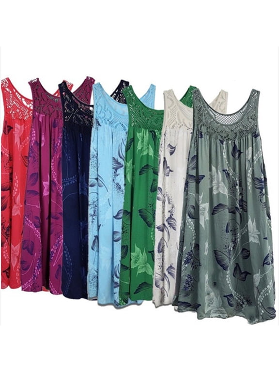 Floral Printed Lace Stitching O-Neck Sleeveless Women Summer Loose Tank Dress