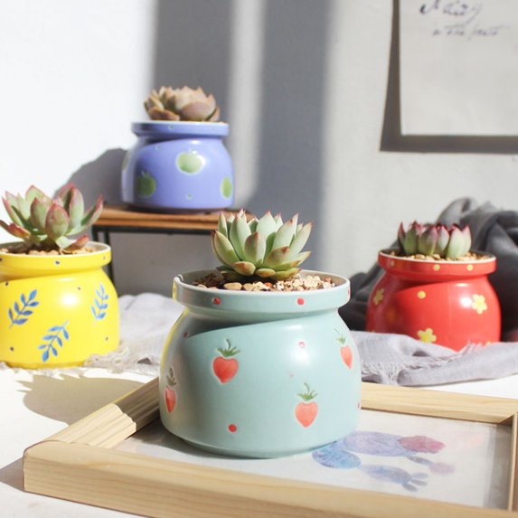 Joernso Flowerpot Cute Decorative Ceramic Bright-colored Flower Pattern Planter Pot for Home