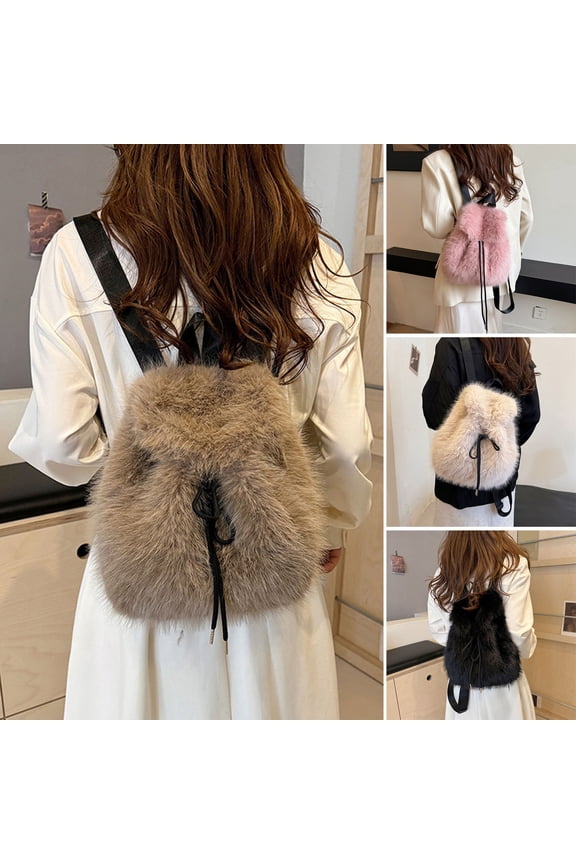 Fuzzy Backpack Faux Fur Fluffy Daypack Drawstring Closure Casual Furry Backpack for School Commuting Daily Errands Travel