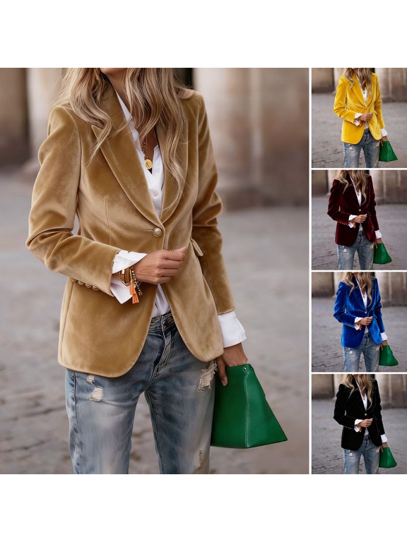 Golden Velvet Suit Coat Lapel Long Sleeve Single Button Suit Jacket with Flap Pockets Slim Fit Three-Dimensional Tailoring Outerwear
