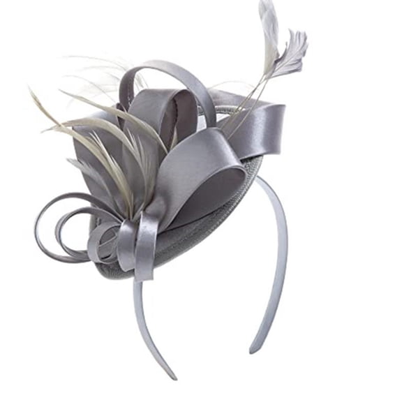 Joernso Hair Hoop Fascinator Hat with Hair Clip Elastic Band Faux Feather Ribbon Decor Satin Fabric Women Headband Party Accessories