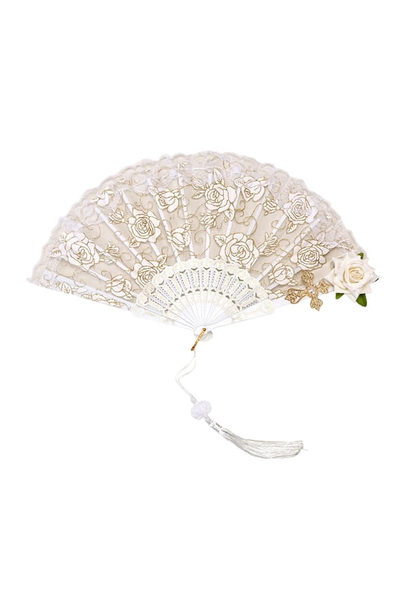 Handheld Fan Retro Royal Palace-Style Lace Flower Embroidery Fake Rose Decor Lightweight Home Decor Events Tea Party Photo Prop
