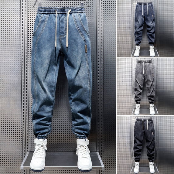 Joernso Harem Jeans with Leg Bindings Pockets Elastic Waist Adjustable Drawstrings Men Jeans Solid Color Street Style Jogger Pants