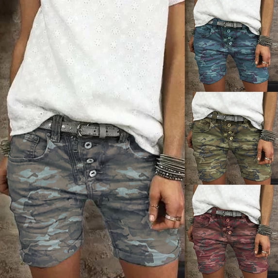 Joernso High Waist Camouflage Print Women Shorts All-matched Stretchy Buttons Denim Shorts Streetwear