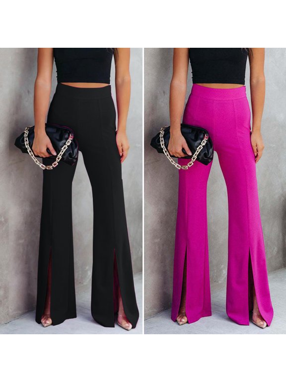 High-Waist Elastic Waistband Solid Color Micro Flared Pants Women Leg Opening Split Office Fishtail Pants Streetwear