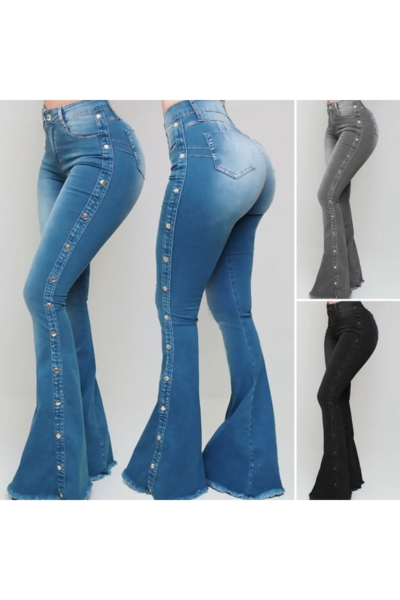 High Waist Multi Pockets Button Fly Hip Lifting Flare Jeans Washed Rivet Decor Wide Leg Flare Denim Pants Streetwear