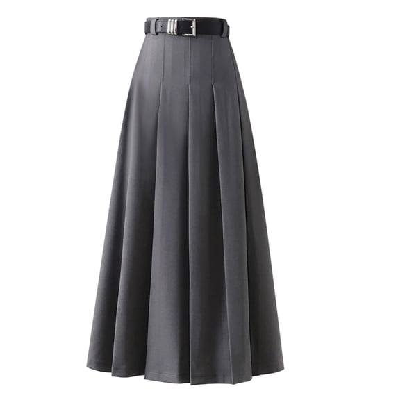 Joernso High Waist Pleated Skirt with Belt Solid Color A-Line Long Skirt Ankle Length Office Casual Women Suit Skirt