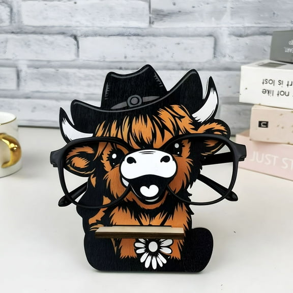 Joernso Highland Cow Glasses Holder Wooden Glasses Frame Display Rack Cartoon Animal Sunglass Holder Stand for Bedroom Study Room Office
