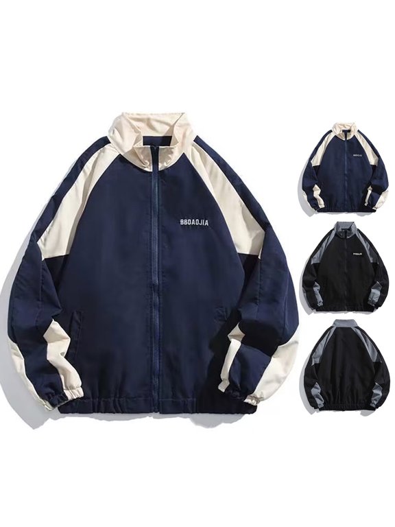 Hip Hop Jacket Patchwork Windbreaker Coats for Women Men Casual Zipper Stand-up Collar Block Outerwear for Spring Autumn Outdoor Sports Party