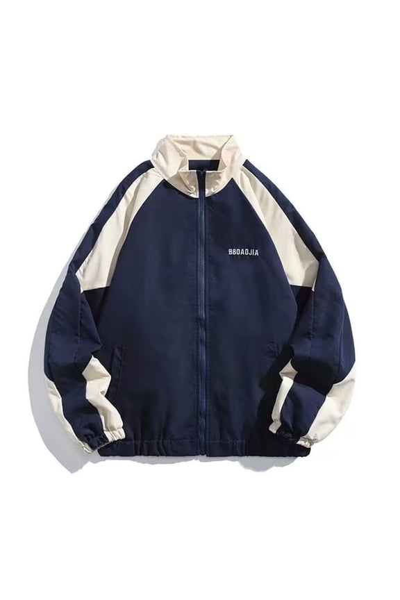 Hip Hop Style Men Jacket Stand Collar Long Sleeve Coat High Street Patchwork Color Block Windbreaker Thin College Jacket