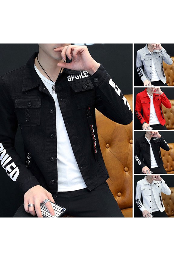 Jacket Coat Letter Printing Pocket Design Turn-down Collar Long Sleeve Button Closure Decorative Cotton Leisure Spring Casual Buttoned Outerwear Jacket for Male