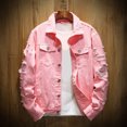 thumbnail image 1 of Joernso Jean Jacket Ripped Hole Solid Color Turndown Collar Streetwear Autumn Winter Loose Single Breasted Denim Jacket for Trip, 1 of 8