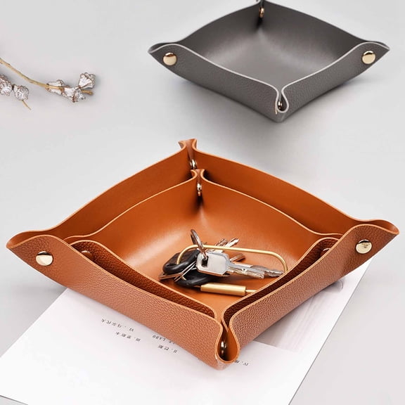Joernso Key Storage Box Multi-purpose Snap Button Design Faux Leather Desktop Jewelry Cosmetic Plate Tray for Home