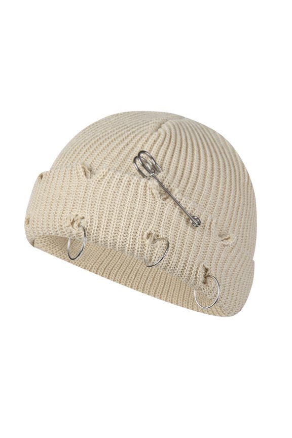 Knitted Hat Hip Hop Ripped Flanging Metal Ring Solid Color Keep Warm Woolen Yarn Autumn Winter Women Beanie Cap for Outdoor