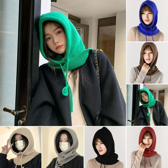 Joernso Ladies Winter Balaclava Knitted Thick Solid Color Drawstring Elastic Ear Neck Lightweight Warm Soft Unisex Women Men Cap Daily Hat