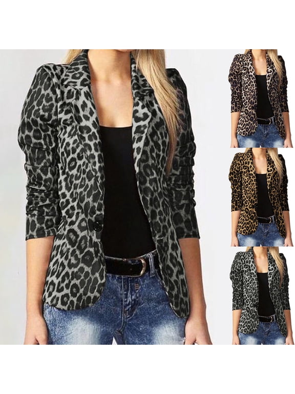 Lady Blazer Leopard Print Turn-down Collar Single-breasted Slim Suit Coat for Work