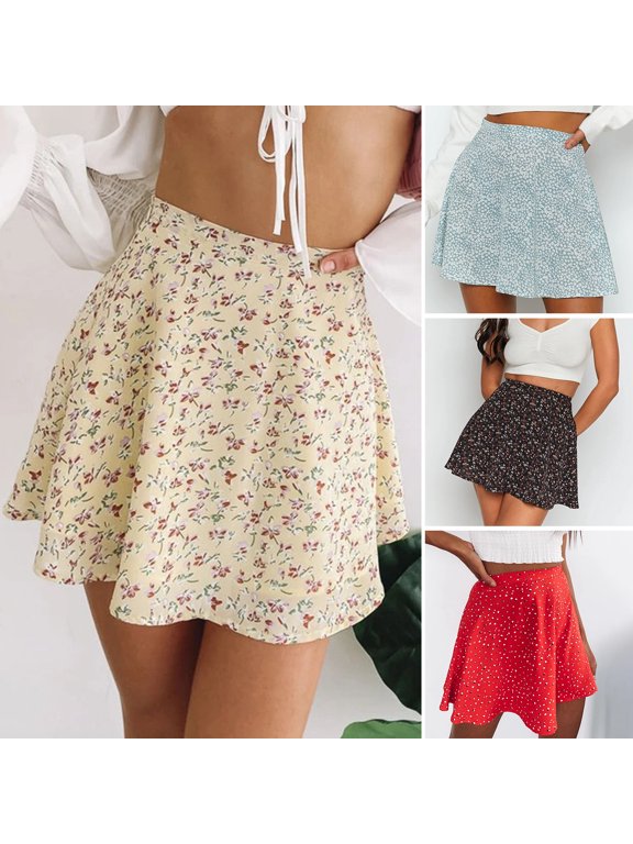 Lady Skirt Floral Printed Above Knee Women Large Hemline Washable High Waist A-line Skirt for Party