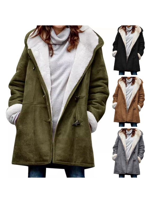 Lady Winter Coat Hooded Thick Fleece Lined Solid Color Mid Length Long Sleeves Single-breasted Small Horn Buttons Thermal Overcoat