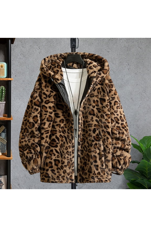 Leopard Print Long Sleeve Pockets Zipper Closure Men Coat Winter Thickened Double-sided Plush Hooded Outerwear