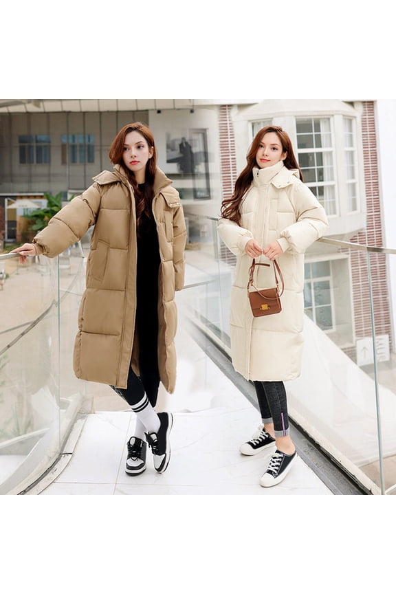 Long Puffer Jacket for Women Thicken Warm Quilted Hooded Coat Zip Up Full Length Down Coat Winter Outerwear