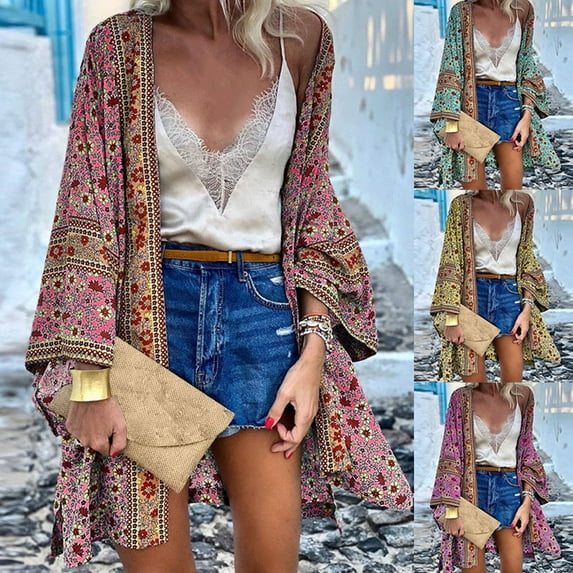 Joernso Long Sleeve Sun Protection Women Cardigan Quick Drying Summer Open Front Bohemian Floral Printed Shirt for Beach
