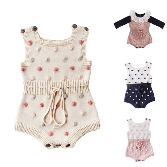 Joernso Lovely Baby Girl Pompom Patchwork Woolen Yarn Knit Drawstring Romper Bodysuit