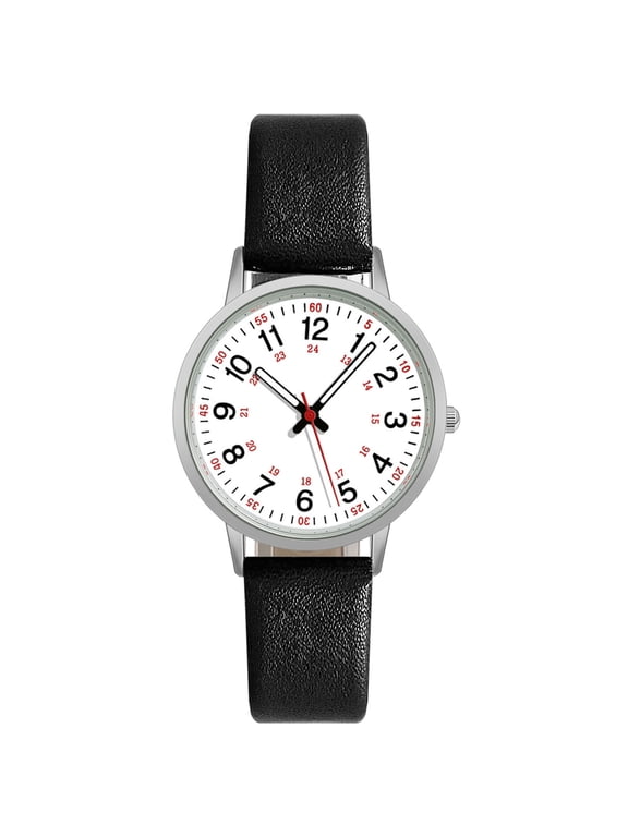 Luminous Digital Watch with Soft Faux Leather Strap 24 Hours Time Round Dial Quartz Watch Women Fashion Wrist Watch for Students Nurse Office Worker Christmas Birthday Gift