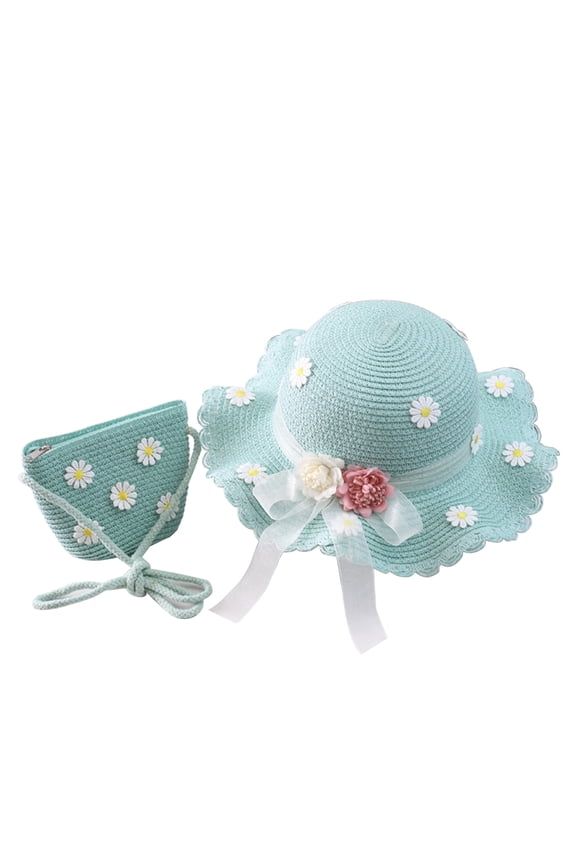Marguerite Dress Up Bow Wide Brim Girl Straw Sunhat Purse Hat Bag Set for Outdoor
