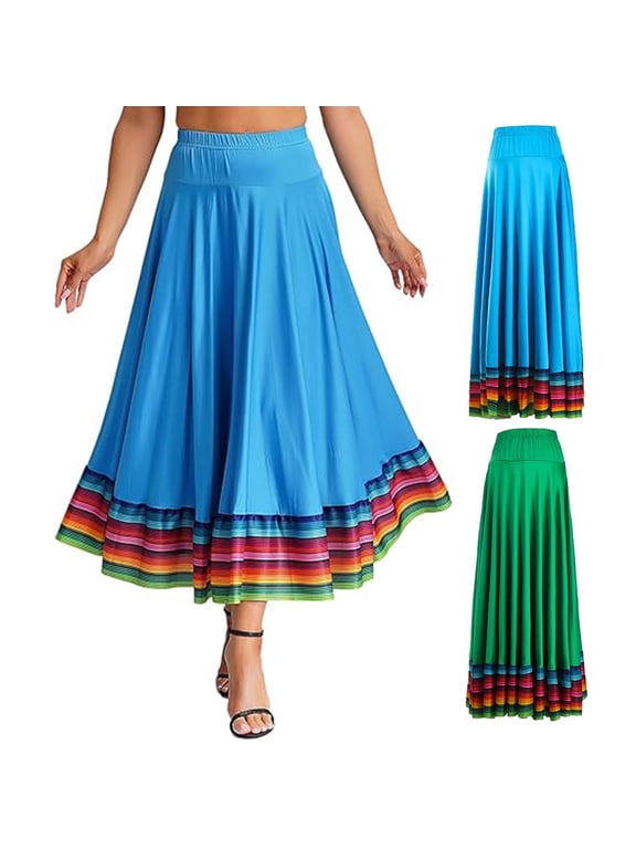 Maxi Skirt Ladies Folk Dance Skirt Elastic Waist Spanish Swing Skirt Rainbow Large Swing Hem Mexican Flamenco Performance Skirt