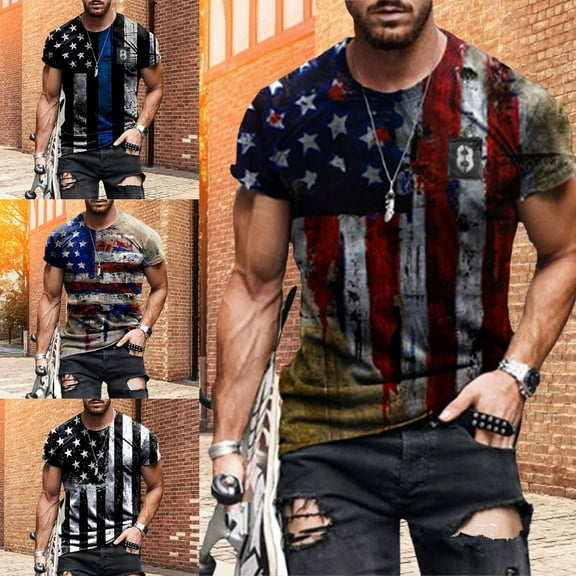 Joernso Men Blouse America Flag Printed Skin-friendly Polyester Casual Short Sleeve Tee Tops for Daily Life