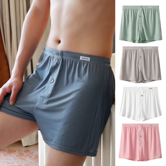 Joernso Men Boxer Underwear Elastic Waist Mid-rise Shorts Briefs Solid Color Wide Loose Fit Button Fly Ice Silk Thin Panties