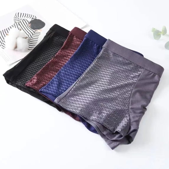 Joernso Men Boxers Elastic Mid Waist Solid Color Ice Silk Mesh Seamless Soft Breathable U Convex Quick Dry Moisture-wicking Firm Stitching Men Underpants Underwear